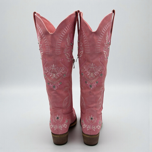 Wide Calf Pink Embroidered Rhinestone Cowboy Boots Knee High Snip Toe 8.5 NWB - Picture 7 of 16